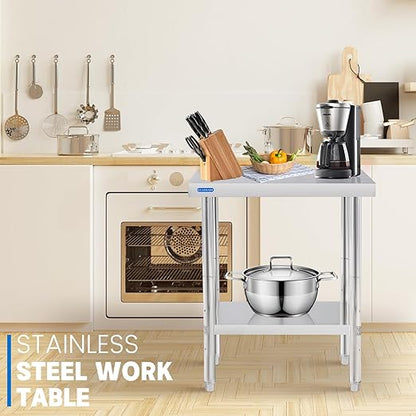 Stainless Steel Table for Prep & Work with Undershelf 24 x 24 Inches NSF Metal Commercial Kitchen Prep Table with Adjustable Under Shelf Worktable for Restaurant Home Outdoor
