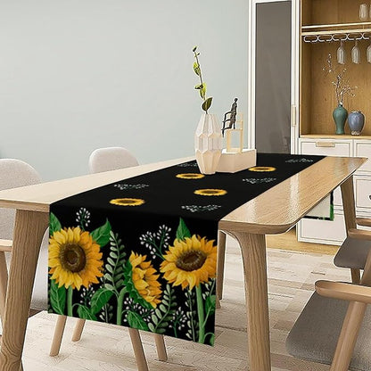 Sunflower Table Runner,Spring Summer Watercolor Floral Plants Leaves Print Table Runner for Kitchen Dining Table Home Holiday Party Indoor Outdoor Decor 13x90in