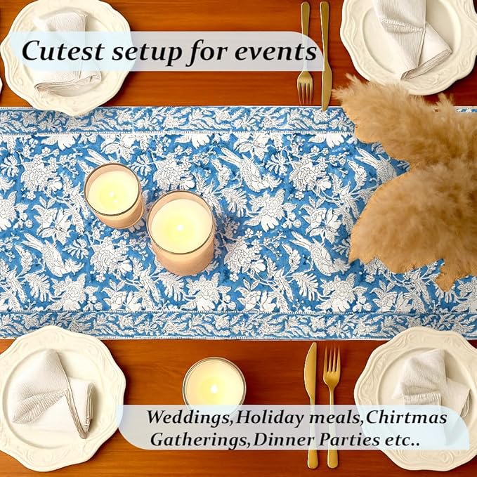 CPC Cotton Table Runner 16x90 Inch Block Printed Long Fall Table Runner for Dining Table, Card Table, Coffee Table, Wedding, Farmhouse & Outdoor Barbeque-Blue Sapphire