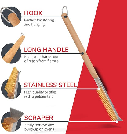 22” Pizza Oven Brush with Stone Scraper - Heat Resistant Stainless Steel Bristles, Extra Long Handle - Universal Fit for Most Pizza Ovens