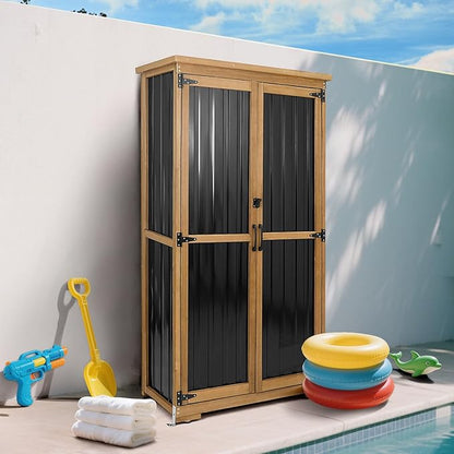 Outdoor Storage Cabinet, Wood & Metal Storage Shed with Weather-Resistant Roof, Removable Shelves, Lockable Doors, Outside Storage Tool Organizer for Garden, Patio, Backyard, Garage, Pool