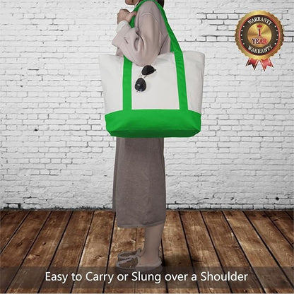 TOPDesign 6-Pack Canvas Tote Bags with an External Pocket, Reusable Grocery Shopping Bags, Top Zipper Closure, Daily Essentials (Lime Green/Natural)