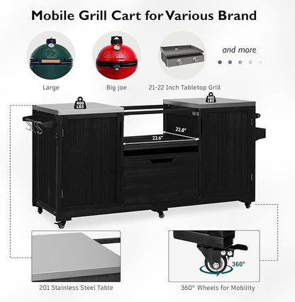 66.5" Outdoor Kitchen Island with Stainless Steel Top for Big Green Egg, Rolling Grill Cart with Adjustable Shelves, Lockable Wheels, Outdoor Table and Bar Storage Cabinet for Patio