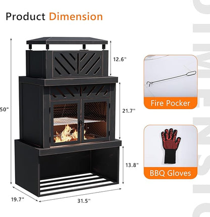 Outdoor Fireplace with Chimney and Wood Storage, Metal Wood Burning Fire Pit with Heat Resistant Gloves, Fire Poker and Grill Mesh, Outside Fireplace for Patio, Garden and Deck, Black