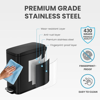 iTouchless SoftStep 3 Gallon (11.4L) Slim Bathroom Trash Can with Lid, Matte Black Stainless Steel Fingerprint-Proof, Silent Soft-Close Pedal, AbsorbX Odor Filter, Removable Bucket Dorm Bedroom Office