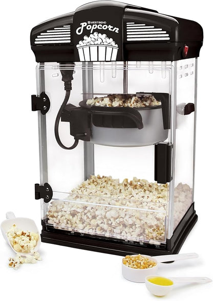 West Bend Stir Crazy Movie Theater Popcorn Popper, Gourmet Popcorn Maker Machine with Nonstick Popcorn Kettle, Measuring Tool and Popcorn Scoop for Popcorn Machine, 4 Qt., Black
