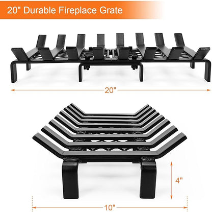 20" Fireplace Grate with Ember Retainer, Wood Stove Grate Rack, Heavy Duty Solid Steel 8-Bars Firewood Holder, Easy-Assembly Fire Grate for Indoor Hearth Outdoor Firepit - Matt Black