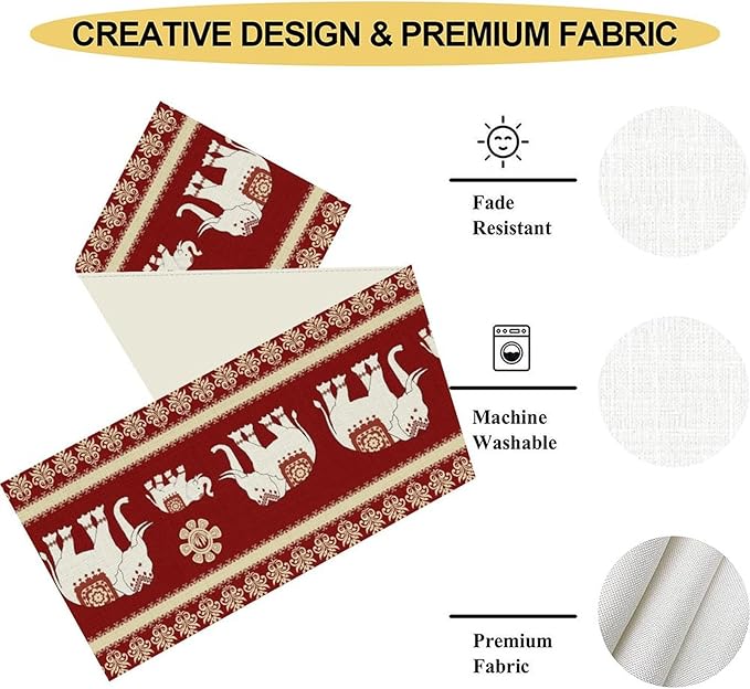 African Tribe Table Runner, Boho Red Elephants Tribal Traditional Diwali India Animal Ethnic Folk Rustic Coffee Table Center Decor for Home Kitchen Holiday Party Outdoor Table Decorations, 13"x90"