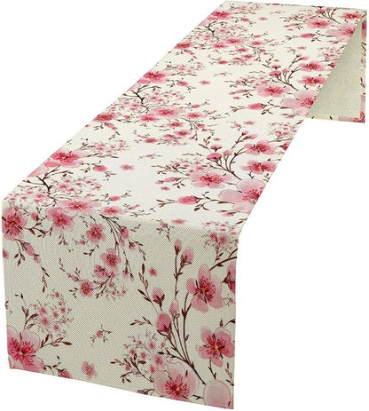 Cherry Flower Table Runner, Seasonal Spring Cherry Blossoms Branches Watercolor Floral Print Table Cover for Kitchen Dining Table Indoor Outdoor Party Decor, 13x70inch