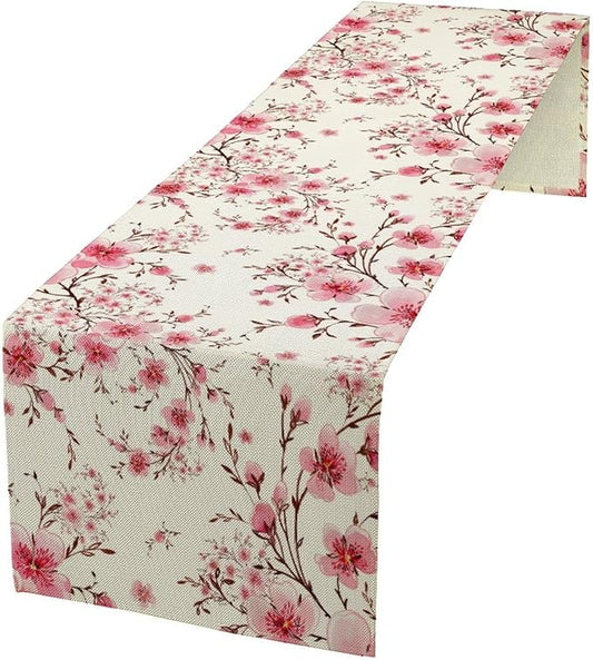 Cherry Flower Table Runner, Seasonal Spring Cherry Blossoms Branches Watercolor Floral Print Table Cover for Kitchen Dining Table Indoor Outdoor Party Decor, 13x120inch