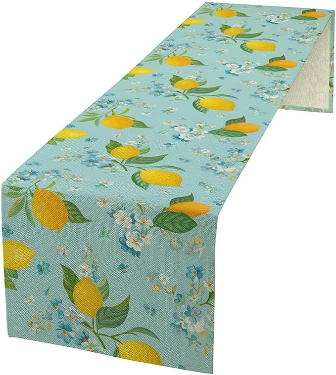 Farmhouse Lemon Fruit Table Runner,Nature Aesthetic Blue Flowers Plant Farmhouse Dining Table Decoration for Home Holiday Party Dresser Kitchen Cabin Restaurant Wedding Decor 13×70in