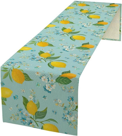Farmhouse Lemon Fruit Table Runner,Nature Aesthetic Blue Flowers Plant Farmhouse Dining Table Decoration for Home Holiday Party Dresser Kitchen Cabin Restaurant Wedding Decor 13×70in