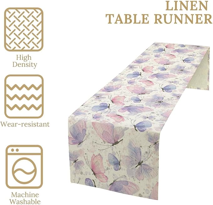 Watercolor Butterfly Table Runner, Pink Purple Butterfly Splash Spot Doodle Art Table Runner for Holiday Kitchen Dining Outdoor Home Party 13x70in