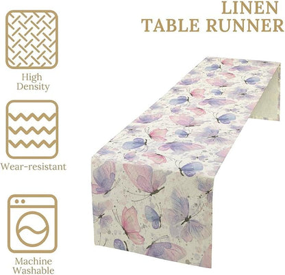 Watercolor Butterfly Table Runner, Pink Purple Butterfly Splash Spot Doodle Art Table Runner for Holiday Kitchen Dining Outdoor Home Party 13x90in