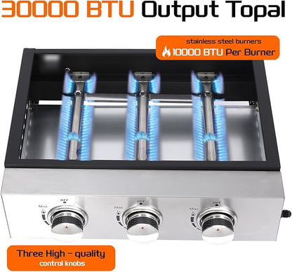 3-Burner Portable Tabletop Gas Griddle Grill with Stainless Steel Cooking Surface - Includes Protective Cover & Regulator, for Camping, Tailgating, Outdoor Cooking