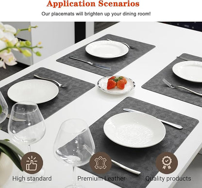 Vinyl Placemats Set of 6 Heat Resistant Easy Clean Non-Slip Place Mats for Dining Table. Faux Leather Waterproof Stain Resistant Wipeable Washable PU Table Mats(6, Gray)