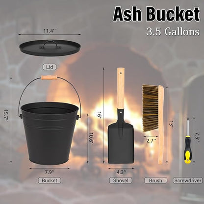 FEED GARDEN 3.5 Gallon Ash Bucket with Lid,Shovel,Broom and Screwdriver, Ash Can for Fireplace Fire Pits,Hearth,Wood Stoves,Fireplace Galvanized Iron Bucket,Pellet Charcoal BucketIndoor Outdoor，Black