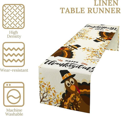 Thanksgiving Turkey Table Runner, Cartoon Turkey Autumn Branch Yellow Leaves Fall Harvest Kitchen Dining Table Decoration for Indoor Outdoor Farmhouse Home Party Decor, 13x90inch