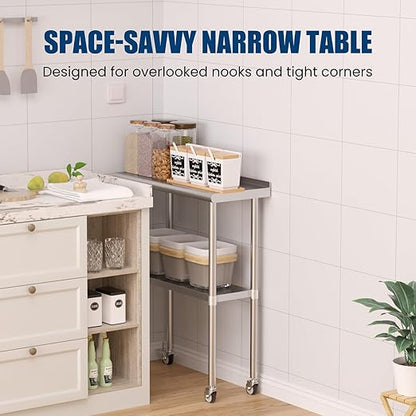 Stainless Steel Work Table with Wheels, 14x30 Inch NSF Food Prep Table with Backsplash & Adjustable Undershelf for Commercial Kitchen, Restaurant, Garage