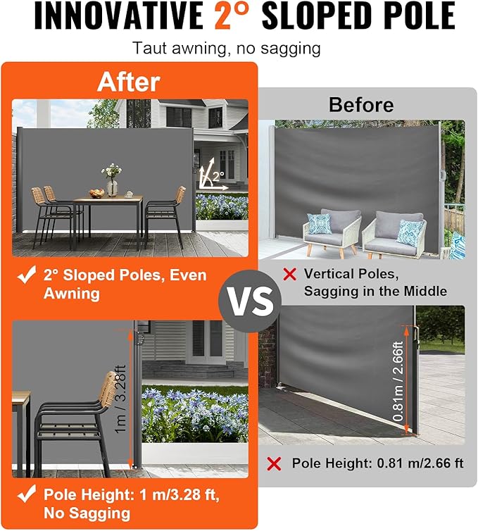VEVOR Retractable Side Awning, UV 50 63''x 118'' Full Aluminum Rust-Proof Outdoor Privacy Screen, 280 g Thicken Folding Room Divider Wind Screen, for Patio Sun Shade, Backyard, Balcony, Gray