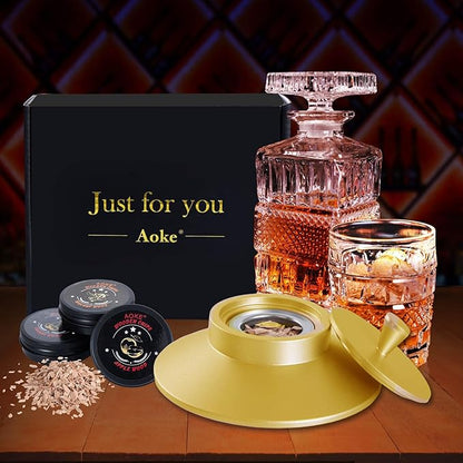 Cocktail Smoker Kit, AOKE Golden Metallic Whiskey Smoker Kit with 4 Flavors Wood Chips for Whiskey and Bourbon, Old Fashioned Smoker kit for Enhancing Drink Flavors, Whiskey Gifts for Men (no Torch)