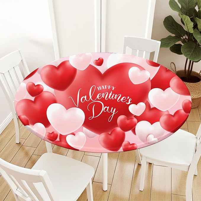 Valentines Day Round Fitted Tablecloth with Elastic Red White Love Heart Circle Table Cloth for 48-52" Round Tables Wipeable Waterproof Washable Valentine Table Cover for Picnic Dining Party Decor
