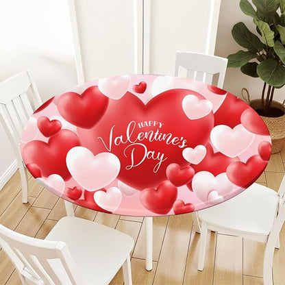 Valentines Day Round Fitted Tablecloth with Elastic Red White Love Heart Circle Table Cloth for 40-44" Round Tables Wipeable Waterproof Washable Valentine Table Cover for Picnic Dining Party Decor