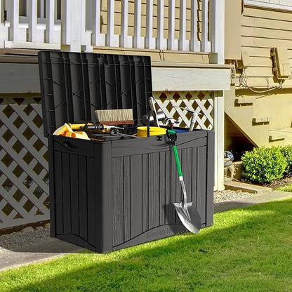 45 Gallon Resin Deck Box, Waterproof Outdoor Storage Box for Patio, Poolside, and Garden, Lockable UV-Resistant Storage Bin Bench Cabinet for Small Spaces, Black