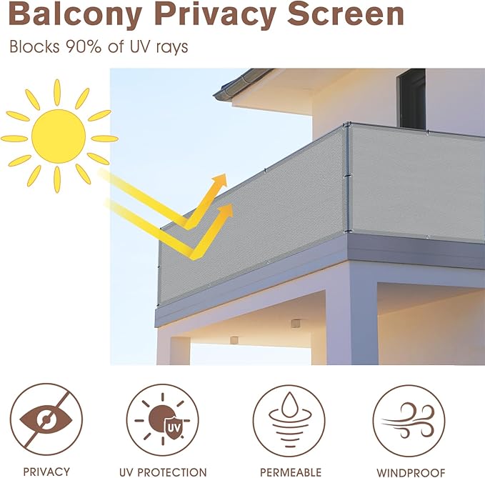 SUNNY GUARD 3'x16' Light Grey Balcony Deck Privacy Screen Fence, Apartments Railing Screen, Heavy Duty Wind Screen for Outdoor, Deck，Backyard,Patio Privacy（We Make Custom Sizes）