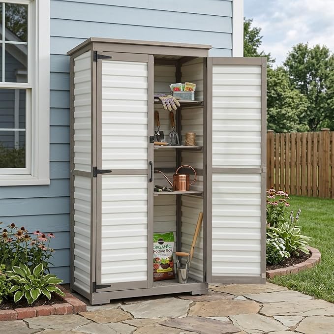 Outdoor Storage Cabinet, Wood & Plastic Garden Shed - Image 9
