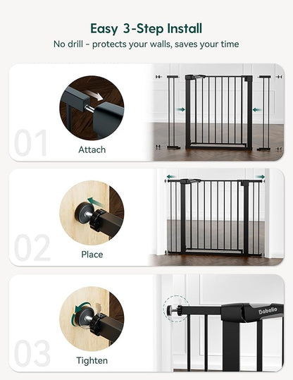 BABELIO 36" Tall Baby Gate, 29-48" Auto-Close & Pressure Mounted, Black Steel Dog Gate for Stairs & Doorways