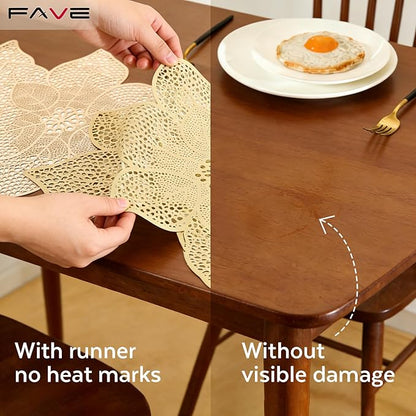FAVE Gold Table Runners 36 Inches Heat Resistant Table Runner Flower Shaped Vinyl Table Runner Waterproof Washable Table Mats for Wedding, Banquet, Birthday,Party,Restaurant(Gold Flower Shaped)