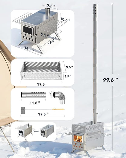 Sauna Hot Tent Stove, Camping Wood Burning Stove with 8 Stainless Chimney Pipes, Portable Folding Wood Stove for Tent, Outdoor Heating, Cooking, Ice Fishing, Hunting