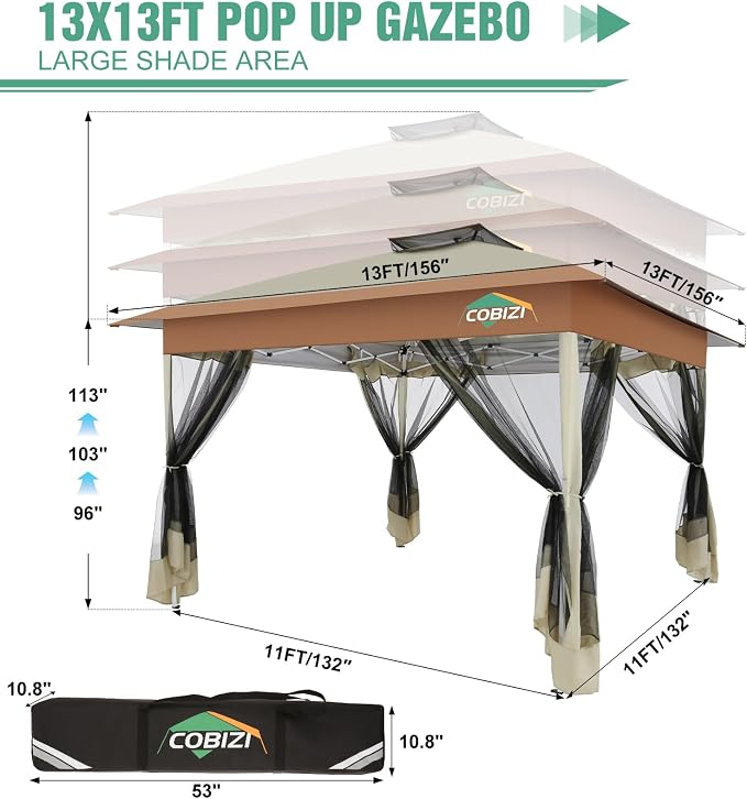 COBIZI 13x13 Pop Up Canopy Tent Gazebos On Clearance Upgrade Metal Outdoor - Image 2
