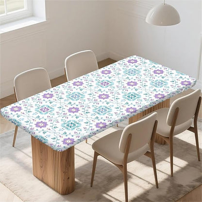 Rectangle Table Cloth Cover Waterproof Elastic Fitted Polyester Fitted Tablecloths for 8 Foot Tables for Indoor,Picnic, Camping, Outdoor （96" x 30"，Geometric Flowers）