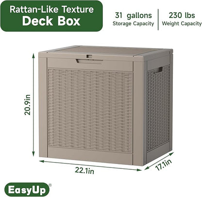 EasyUp 31 Gallon Outdoor Storage Box, Resin Waterproof UV-Resistant Deck Box, Reinforced Stability for Patio, Garden, and Poolside, Rattan Gray