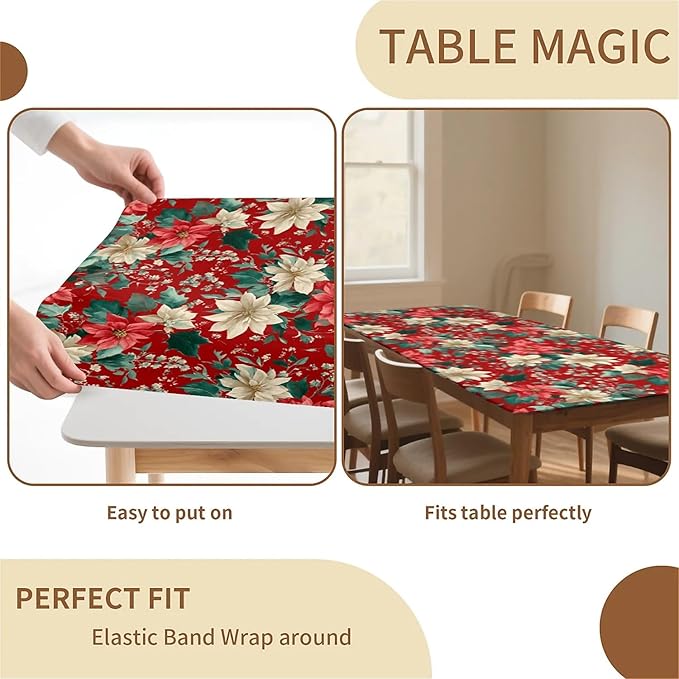Rectangle Table Cloth Cover Waterproof Elastic Fitted Polyester Fitted Tablecloths for 4 Foot Tables for Indoor,Picnic, Camping, Outdoor （48" x 24"，Christmas Flowers）