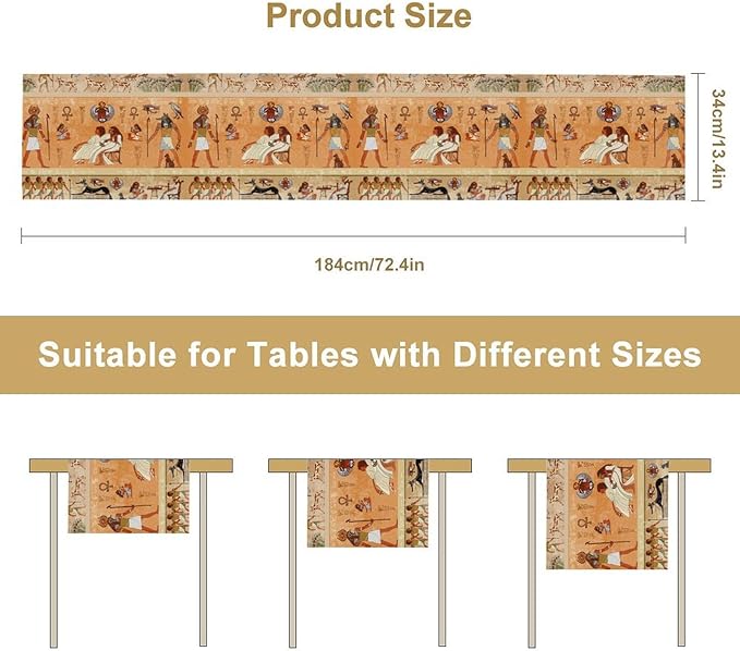 Ancient Table Runner, Mythology Egyptian Gods Pharaohs Antique Golden Hieroglyphs Print Pattern Table Runner for Dining Bedroom Kitchen Party Outdoor 13x36in