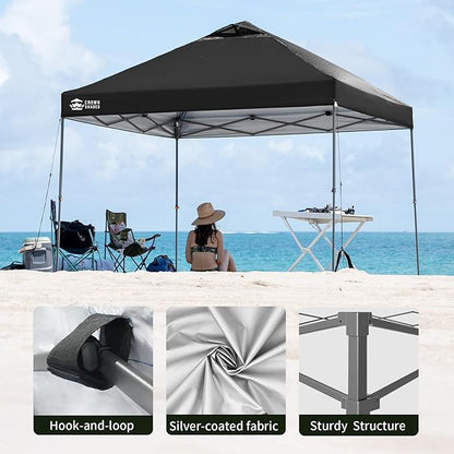 CROWN SHADES Adjustable Height on The Fly, 10x10 Pop Up Canopy - Beach Tent with One Push Setup - Easy Outdoor Sun Shade for Events, Parties, Camping - Outside Shade with STO-N-Go Bag, Black
