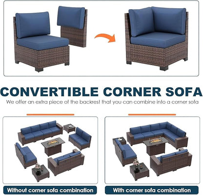 13 Piece Patio Furniture Set with Fire Pit Table, Wide Armrest Outdoor Sectional Sofa Grey Wicker Rattan Conversation Sets, 4'' Thickened Cushion Dark Grey (Include Waterproof Cover)
