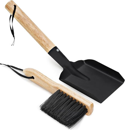 Ash Shovel & Hearth Brush Set - Fireplace Tools Set, Fire Pit Tools, Hearth Tidy Set, Metal Brush Pan Set Made of Natural Wood & Coco Bristles - Wider Scoop