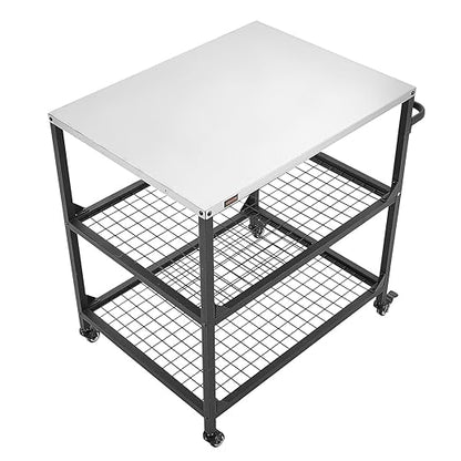VEVOR Outdoor Grill Cart, 31.5 x 24.0 inch Stainless Steel Tabletop Size Grilling Table, Outdoor Cooking Table with 4 Wheels & Side Handle, Two Mesh Shelves, BBQ Prep Tables for Patio, Garden