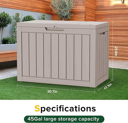 45 Gallon Large Deck Box,Resin Outdoor Storage Box with Lockable for Patio Furniture, Pool Accessories, Garden Tools Waterproof Outside Storage Box, Grey