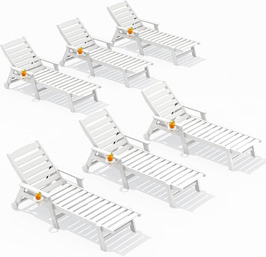 SERWALL Patio Chaise Lounge Chair Set of 6, 5 Positions Adjustable Poly Outdoor Lounger for Pool, HDPE Lounge Chair with Rolling Wheels & Cup Holder for Poolside, Deck, White