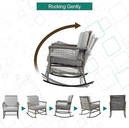 DECMICO 3-Piece Grey Wicker Rocking Chair Set, Outdoor Patio Furniture | Modern - Image 5