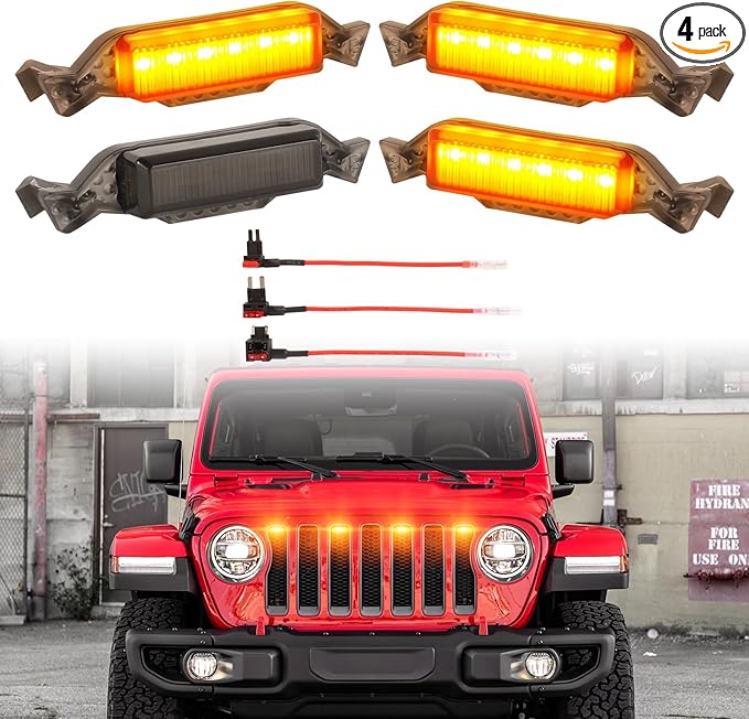 Led Grill Grille Lights fit for 2019 2020 2021 2022 2023 Jeep Wrangler JL JLU Rubicon Sahara Sport Front Grille Grills Light Front Headlights Wrangler JL Jlu 2018-2023 4Pcs Amber Led (Amber JL 4P)