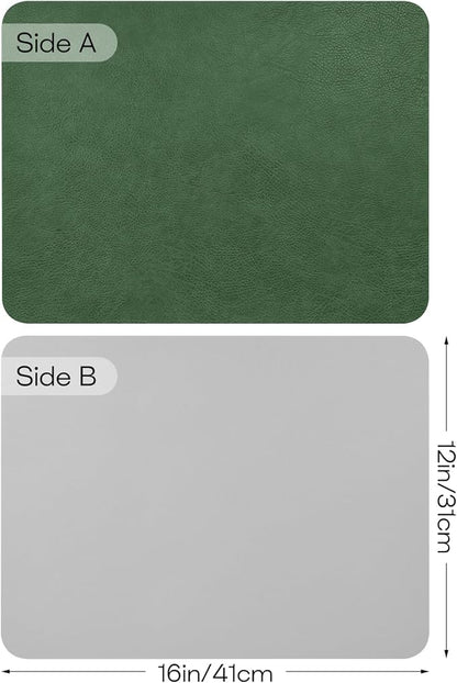 Faux Leather Placemats Set of 6 Table Mats Heat Resistant Reversible Place Mats, Waterproof Wipeable Dining Table Placemats for Home Party Outdoor, 15.8 × 11.8 inches (Green/Grey)