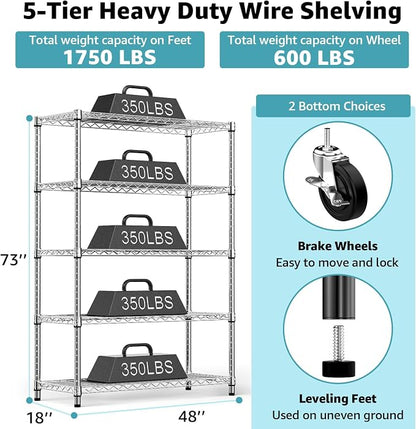 M MZG 5-Shelf Storage Shelves, Wire Shelving Heavy Duty Metal Storage Shelving - Image 3