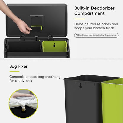 EKO EcoCasa II 36L+24L Dual Trash Can with Recycle Bin, Stainless Steel Garbage Can with Lid, Deodorizer Compartment, Odor-Proof and Fingerprint Resistant, Matte Black