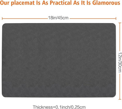 Vinyl Placemats Set of 6 Heat Resistant Easy Clean Non-Slip Place Mats for Dining Table. Faux Leather Waterproof Stain Resistant Wipeable Washable PU Table Mats(6, Gray)